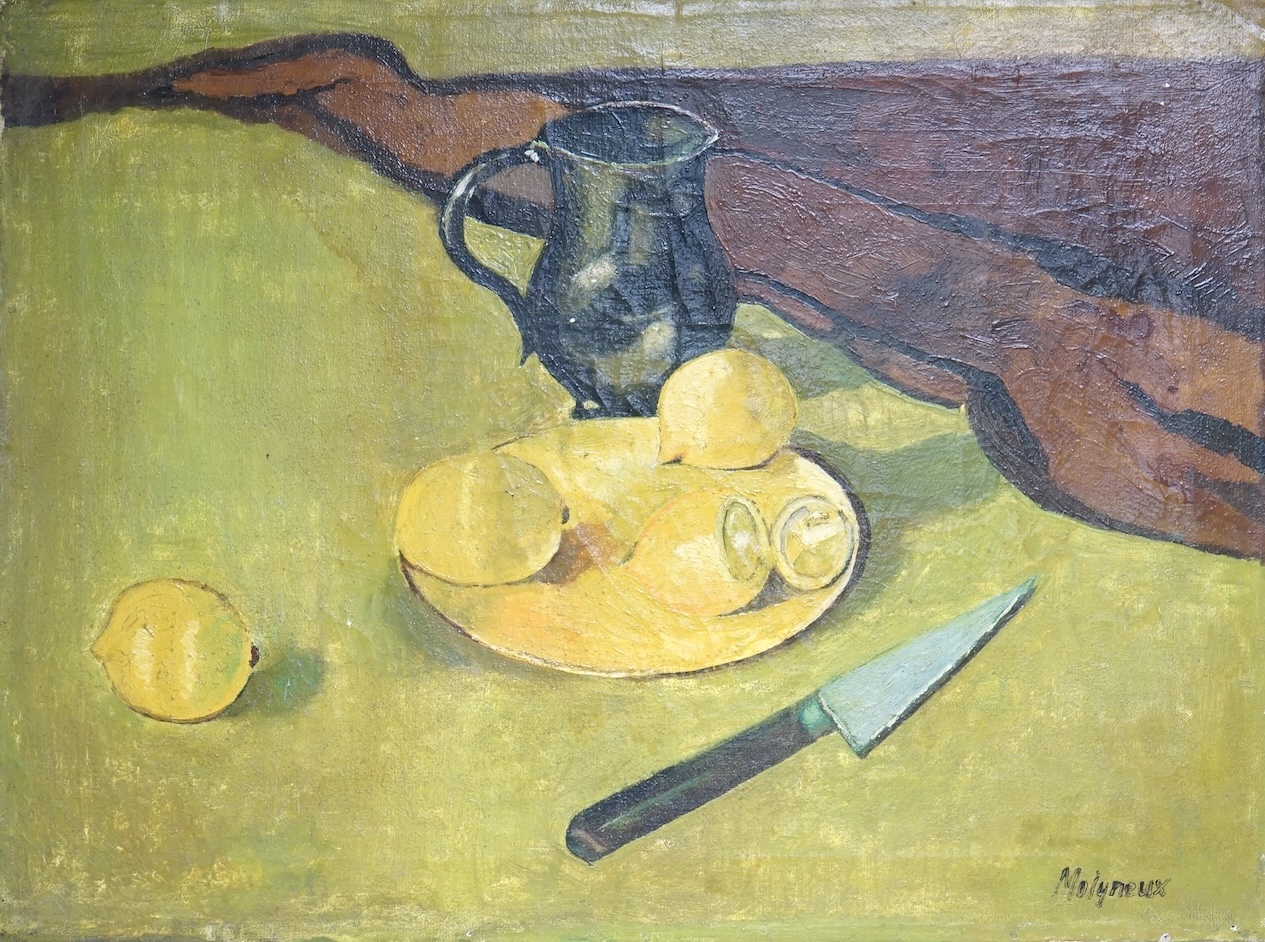 Edward Molyneux (1891-1974), oil on canvas, Still life of lemons and vessels, signed, 49 x 65cm, unframed